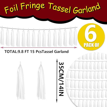 6P White Foil Fringe Metallic Tassel Streamers Banner Tassel Garland for Parade Floats, Graduation, Wedding, Birthday, Graduation, Christmas, Bridal/Baby Shower Party Decorations