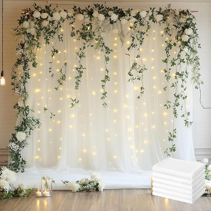 Tulle Backdrop Curtain with Lights String 30 X 8FT Ivory Sheer Tulle Backdrop Curtains for Wedding Birthday Party Reception Photo Booth Background Decorations (6 Panels 5x8FT)