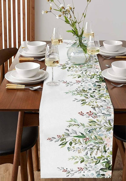 Botanical Eucalyptus Cotton Linen Table Runner for Dining Kitchen, Wedding Outdoor Party Tablerunners Decoration, Sage Green Leaves Elegant Floral Dresser Scarf Coffee Tablecloth Runners 13x120 Inches