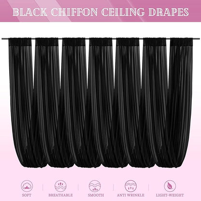 6 Panels Black Ceiling Drapes for Wedding 5ftx40ft Sheer Drapery Chiffon Fabric Arch Draping Curtains for Party Ceremony Birthday Baby Shower Reception Stage Ceiling Decorations