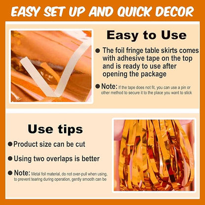 3 Pack Orange Foil Fringe Table Skirts Metallic Tinsel Streamers Garland Banner Backdrop for Table Decor, Parade Float, Birthday, Wedding, Halloween, Christmas Party Decorations(29x108 In)