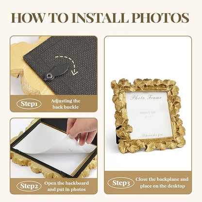 Cuspin Vintage Gold 5x5 Picture Frame, Gold Ornate Leaf Textured Hand-Crafted Resin with Glass Front, Antique Square Photo Frame for Tabletop Display, Retro Design Home Decor