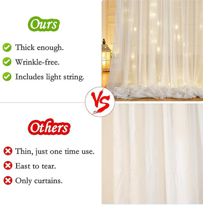 10ft x 7ft Cream White Chiffon Backdrop Curtain with Lights String for Parites Wedding Wrinkle Free Curtain Photo Backdrops Drapes for Baby Shower Birthday Party Home Decorations