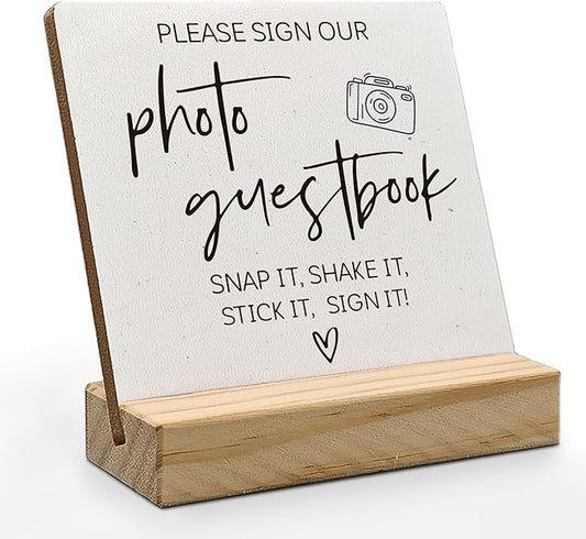 Photo Guest Book Sign, Wedding Guest Book Desk Decor, Guest Book Wedding Reception Wood Plaque, Please Sign Our GuestbookSign Wooden Plaque with Wood Stand forWedding Table Decor Signs