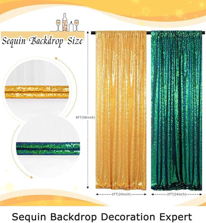ShinyBeauty Sequin Backdrop Set of 4, 2FTx8FT Photo Backdrop Sequin Curtains Shimmer Wall Backdrop Photograph Backgrounds Sparkle Backdrop Curtains (Iridescent Green and Gold)