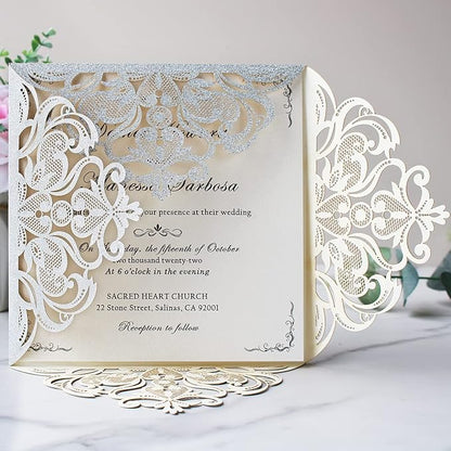 Hosmsua 6.3 x 6.3 Inch 50PCS Silver Glitter Laser Cut Hollow Lace Rose Wedding invitation Cards with Envelopes Wedding invitations for Anniversary Invite (Silver Glitter)