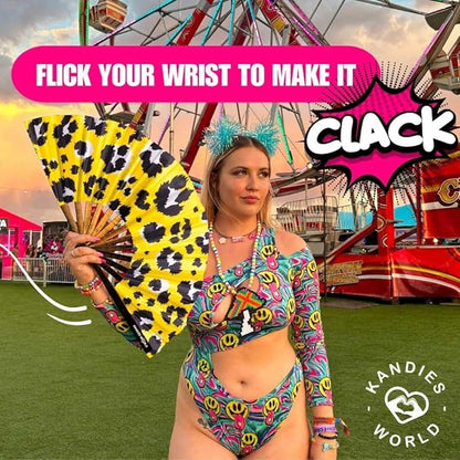 Kandies World UV Reactive Custom Festival Folding Hand Fan - Unique Designs, Made of Bamboo, Clacking Sound, Lightweight - Perfect Rave and Festival Accessory!