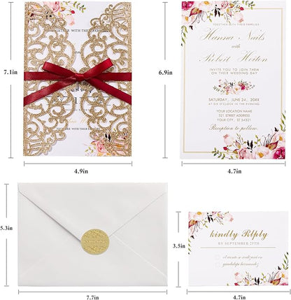 25pcs Personalized Wedding Invitations with Envelopes and RSVP Cards Blank Rose Gold 5×7 Glitter Laser Cut Invitation Pockets for Wedding Engagement Bridal Shower Birthday Quinceañera Anniversary