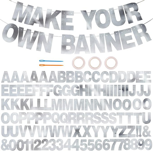 BEISHIDA Double-sided Silver 116 PCS DIY Letter Banner Kit Make Your Own Banner,Including 111 Letters and Numbers 3 Rope and 9 Threading Device,Customized for Birthday Graduation Wedding Decor