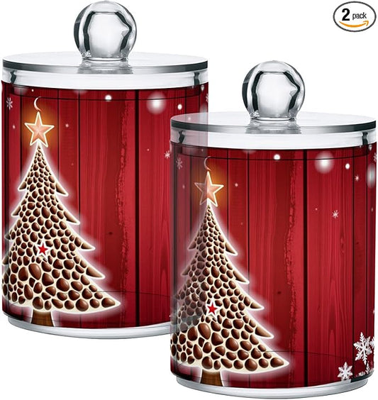 Gredecor Christmas Winter Qtip Holder Dispenser 2 Pack Christmas Tree Red Snowflakes Bathroom Decorative Storage Canister Holder Counter Vanity Organizer for Cotton Ball Swabs Pads Floss