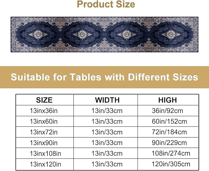Vintage Boho Floral Table Runner, Rustic Country Farmhouse Dark Blue Grey Retro Flower Pattern for Home Kitchen Table Decor Dining Coffee Room Party Decor 13x90in