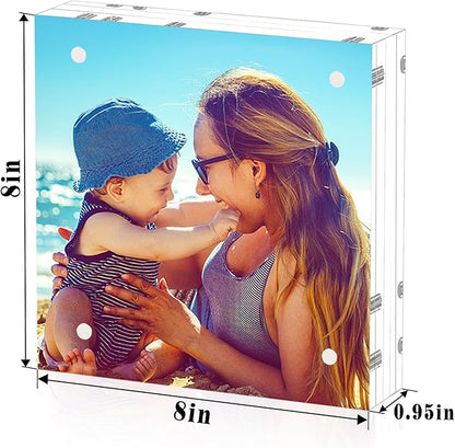 HELPLEX 5 Pack 8x8 Acrylic Picture Frames, 24mm Thicker Square Frameless Clear Frame Double Sided Magnetic Frame, Free Standing Desktop Display Stand