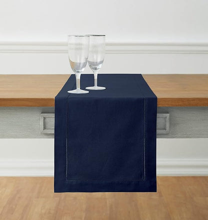 Solino Home Navy Blue Table Runner 120 Inches Long - Cotton Linen Hemstitch 14 x 120 Inch Table Runner for Dining, Fall, Autumn, Thanksgiving, Holiday