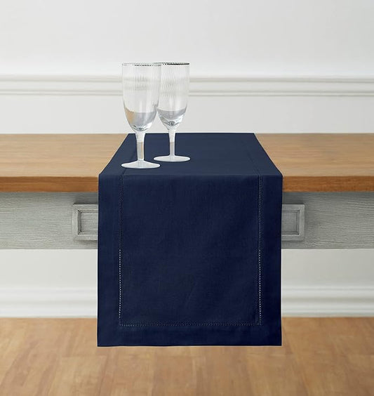 Solino Home Navy Blue Table Runner 144 Inches Long - Cotton Linen Hemstitch Extra Long Table Runner 14 x 144 Inch for Thanksgiving, Christmas, Holiday