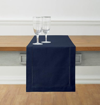 Solino Home Cotton Linen Navy Blue Table Runner 72 Inches Long - Hemstitch Table Runner 14 x 72 Inch for Dresser, Dining, Fall, Autumn, Halloween, Thanksgiving, Christmas, Holiday
