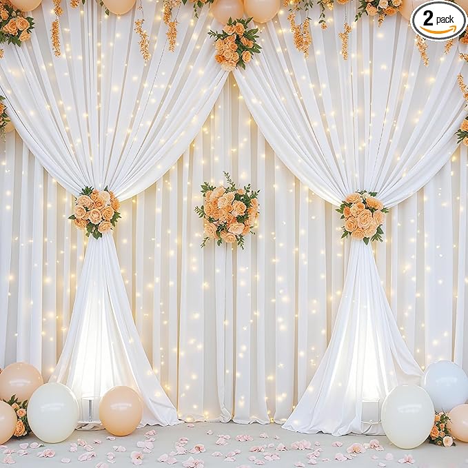 White Backdrop Curtains with Lights for Parties,10x10FT Wrinkle Free White Drapes Wedding Photo Backdrop Curtains for Baby Shower Birthday Ceremony Reception Home Party Decorations-5ft x 10ft,2 Panels