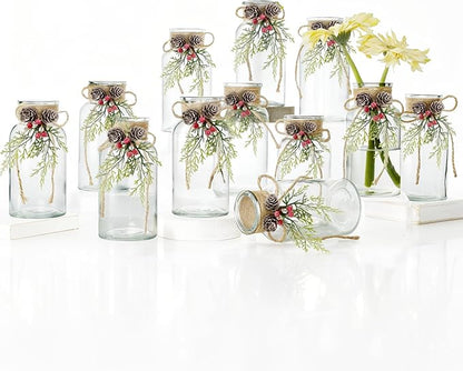 Set of 12 Xmas Decor Vases Christmas Centerpieces for Tables Farmhouse Holiday Table Decor Clear Glass Vases with Twine Ties for Christmas Decorations