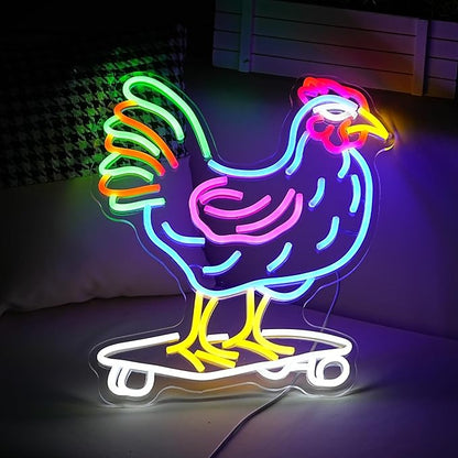 Dimmable Chicken Neon Sign for Wall Decor Funny Skateboarding Rooster LED Neon Light USB Powered Light Up Animal Sign for Bedroom Birthday Party Kids Gifts(16.5 * 13In）