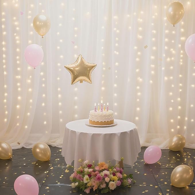10×10ft Tulle Backdrop Curtains with Lights String - 300LED Fairy Lights Sheer Curtain Backdrop for Weddings Baby Shower and Birthday Party Decorations(2 Panels 5×10ft)