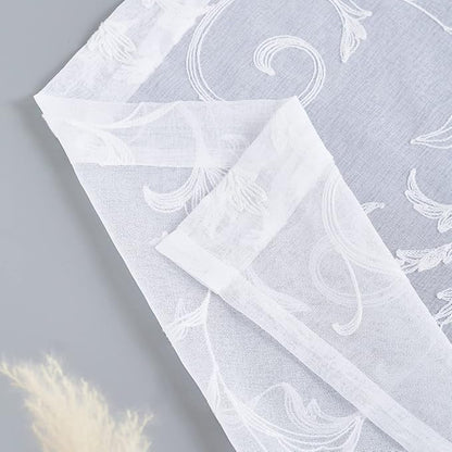 Floral Embroidery Sheer Curtains White 84 Inch Length, Rod Pocket Vintage Voile Drapes for Living room, Bedroom,Semi Crinkle Curtain Panels for Patio, Villa, Set of 2, 52"x 84". (52"Wx84"L, White)