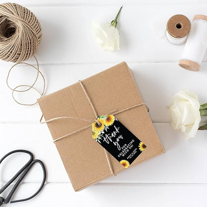 Andaz Press 100-Pack Personalized Thank You For Celebrating With Us Wedding Favor Tags with Bakers Twine Sunflowers Black Background Custom Cardstock Wedding Gift Tags for Party Favors 2 x 3.75-Inches