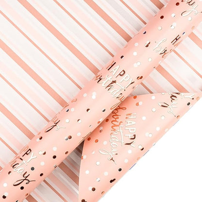 LeZakaa Reversible Pink Birthday Wrapping Paper Roll for Girls Women, Happy Birthday Lettering & Stripe Pattern with Metallic Foil in Pink, Large Roll, 30 inches x 32.8 Feet (92.9 sq.ft.)