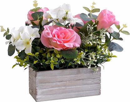 Artificial Flowers Fake Pink Roses Hydrangeas Arrangements in Pot for Home Wedding Table Centerpieces Indoor Outdoor Decoration(New Pink)