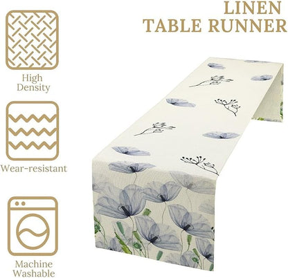 Watercolor Poppy Floral Table Runner, Abstract Seasonal Spring Summer Blue Purple Flower Kitchen Dinning Table Runner for Indoor Outdoor Home Wedding Party Holiday, 13x120 Inch