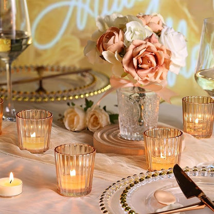 24PCS Vintage Ribbed Gold Votive Candle Holders, Glass Candle Holder for Wedding Decorations, Tealight Candle Holder for Table Centerpiece, Diwali, Home and Party Decorations