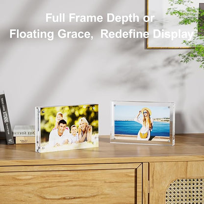 5 Pack 4x4 Acrylic Picture Frames - 20% Thicker Double Sided Magnetic Frame with UV Protection - Freestanding Clear Frameless Display for Tabletops - Modern Photo Frame Set for Home & Office Decor