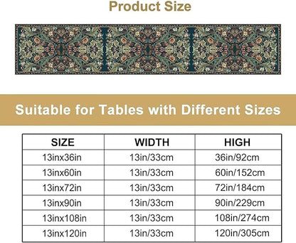 Green Morris Floral Table Runner, Boho Rustic Country Farmhouse Teal Red Rose Pattern for Home Kitchen Table Decor Dining Coffee Room Party Decor 13x90in