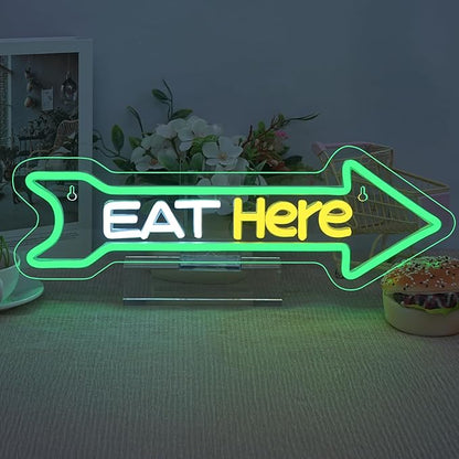 Looklight Eat Here Arrow Neon Sign Dimmale Neon Lights For Wall Decor Led Lights For Home Kitchen Restaurant Bar Party Decor USB Powered 16.6x5.5in