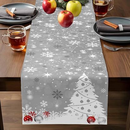 Christmas Snowflakes Cotton Linen Table Runner for Dining Kitchen, Xmas Tree Snow Winter Wedding Outdoor Party Tablerunners Decoration, Grey Balls Dresser Scarf Coffee Tablecloth Runners 13x120 Inches