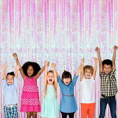 GOER 3.2 ft x 9.8 ft Metallic Tinsel Foil Fringe Curtains Party Photo Backdrop Party Streamers for Birthday,Graduation,New Year Eve Decorations Wedding Decor (4 Packs,Iridescent)