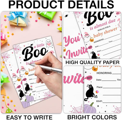 Halloween Baby Shower Party Invitations for Girl Cute Spooky Ghost Boo Baby Shower Party Fill in Invites Cards With Envelopes (20 Count) Double Sided Design, a Little Boo Is Almost Due