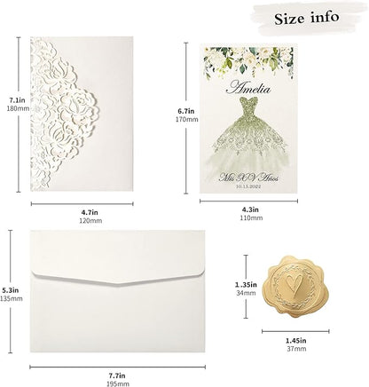 DORIS HOME 50pcs Laser Cut Quinceanera Invitations Green and Ivory White, 4.7x7.1 Personalized Quince Invitations for 15th Birthday, Invitation cards for Sweet 16 with Envelopes