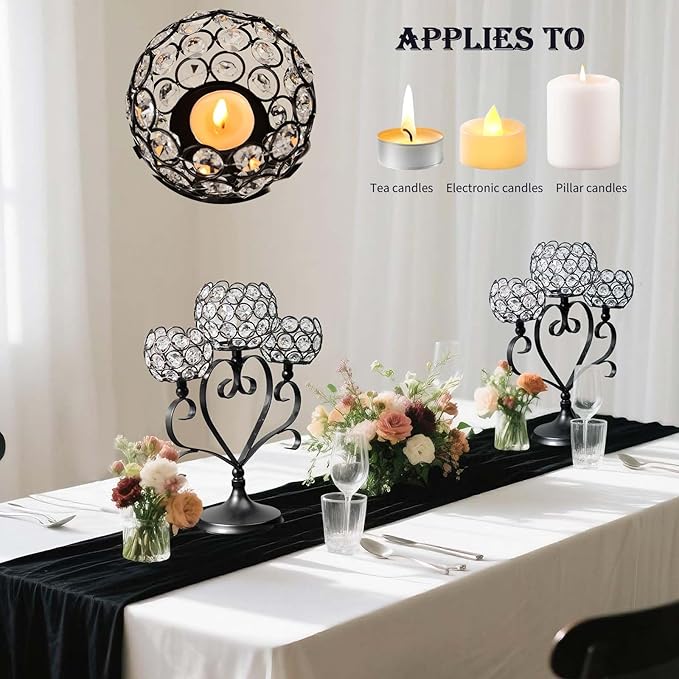 2 Pcs 3-Arm Heart Tea Light Candle Holder - Crystal & Metal Wedding Centerpiece Decor, Sparkling Table Decor for Anniversaries/Romantic Tabletop Home/Dinner Party/Events (2, Black)