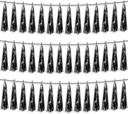 3P Black Foil Fringe Metallic Tassel Streamers Banner Tassel Garland for Parade Floats, Bachelorette, Wedding, Birthday, Halloween, Christmas, Bridal/Baby Shower Party Decorations