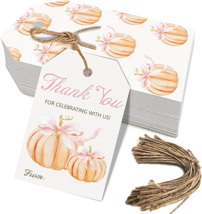 50pcs Little Pumpkin Thank You Tags, Pink Bow Fall Theme Favor Tags for Girl Coquette Baby Shower and Birthday Party Gift Wrapping Decoration (Pink Bow)