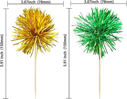 Ephlyn 30Pcs Foil Firework Cupcake Toppers Sparkle Tinsel Cupcake Picks Birthday Cake Decorations Drink Stirrers Cocktail Food Fruit Toothpicks for Baby Shower Graduation Party Supplies Green Gold