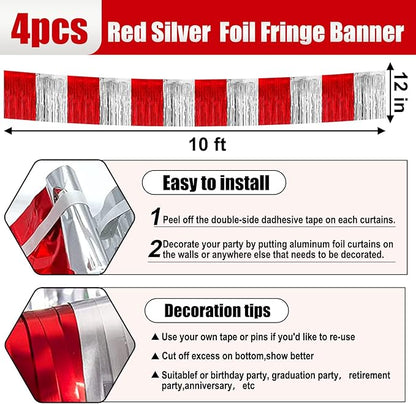 4 Pack 10 Feet Red Silver Foil Fringe Garland Metallic Tinsel Streamers Banner Wall Hanging Curtain Backdrop for Parade Floats, Wedding, Graduate, Mother's Day, Birthday Party Decoration