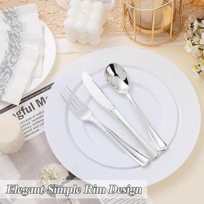 100PCS White Plastic Plates Set, 50 10.25 inch Dinner Plate and 50 7.5 inch Dessert Plates, Premium Disposable Plates for Party, Wedding