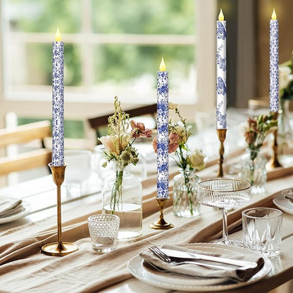 Baquler 6 Pcs Chinoiserie Bird Floral Flameless Candles 10.6 Inch Christmas Blue and White Battery Operated Led Candlesticks Chinoiserie Decor for Christmas Centerpiece Xmas Party Decor Holiday Gifts