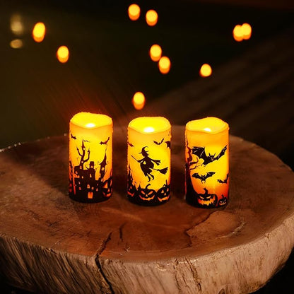 Homemory Halloween Candles, Orange Flameless Candles, Outdoor Waterproof Printed Decals Battery Operated LED Pillar Candles with Remote Timers for Fall Festival Spooky Decor, 3”x6”, Plastic, Set of 3