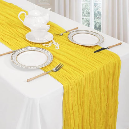 12 Pack Lemon Yellow Cheesecloth Table Runner 10ft Boho Gauze Fabric Cheese Cloth Table Runner 35 x 120 Inch Rustic Sheer for Romantic Wedding Decor Baby Shower Party Table Centerpiece Decoration