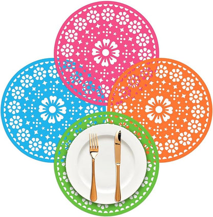 32 Pieces Fiesta Paper Place Mats 14" Mexican Papel Picado Cinco De Mayo Disposable Placemat Round Paper Doilies Cutouts for Mexican Party Supplies Tableware Decoration