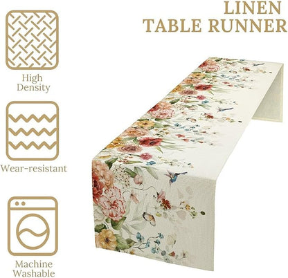 Rustic Floral Table Runner, Watercolor Flower Leaves Hummingbird Butterfly Farmhouse Kitchen Dinning Table Runner for Indoor Outdoor Home Wedding Party Holiday, 13x90 Inch