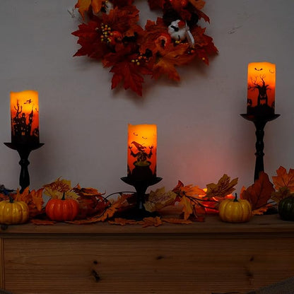 Homemory Halloween Candles, Orange Flameless Candles, Real Wax Flickering Battery Operated LED Pillar Candles with Remote Timers for Halloween Spooky Decoration, Day of The Dead, 3”x6”, Set of 3