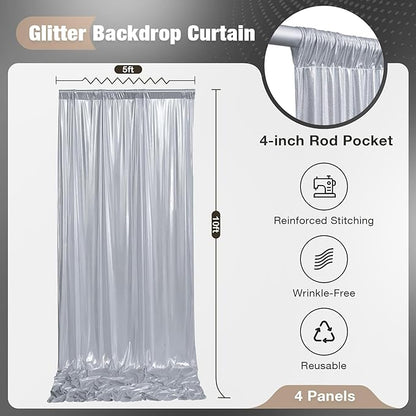 20x10FT Silver Sequin Backdrop - 4 Panels 5x10FT Wrinkle-Free Glitter Drapes for Weddings, Parties & Events