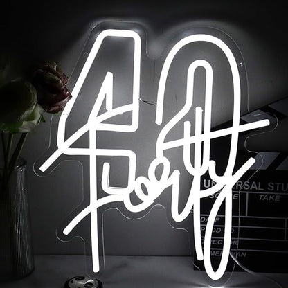 White Forty Neon Sign 40 Year Old Birthday Neon Sign Birthday Gift For 40 Year Old Woman Led Night Light For Wedding Engagement Banquet Anniversary Party Decor Gift For Girl Wife Lover(USB Sign)